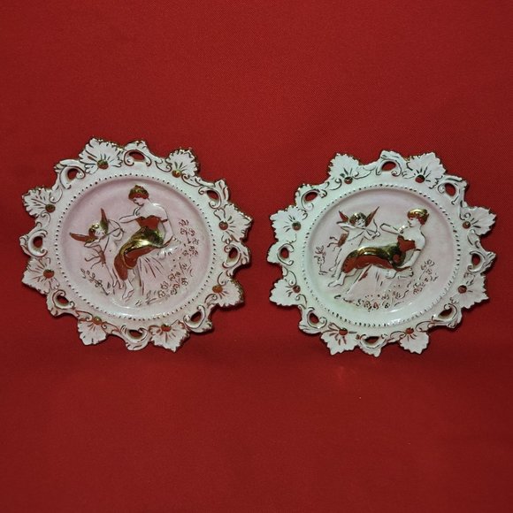 VTG Decorative Dish Cupid & Victorian Woman Gold Pink Painted Fluer De Lis Borde - Picture 8 of 11